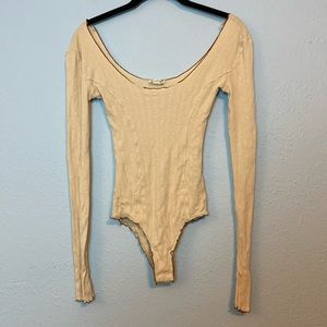 Intimately Free People Womens Size S Tan Waffle Thong Bodysuit Snaps Long Sleeve
